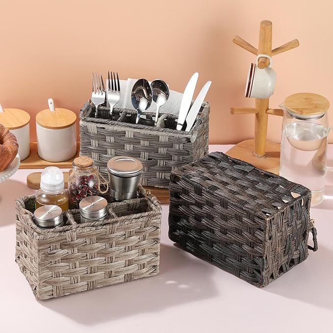 Silverware Holder for Party Plastic Utensil Holder Wicker Silverware Caddy Cutlery Holder with Handle Spoon and Fork Organizer Dark Gray Utensil Caddy for Kitchen Counter