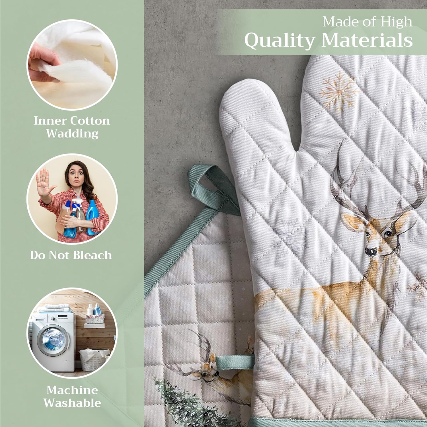 Maison d' Hermine 100% Cotton Oven Mitt & Pot Holder Set (7.5"x13" & 8"x8") Heat Resistant BBQ Cooking Gloves with Loop, Baking, Grilling, Kitchen, Handling Hot Pans (Deer in The Woods)