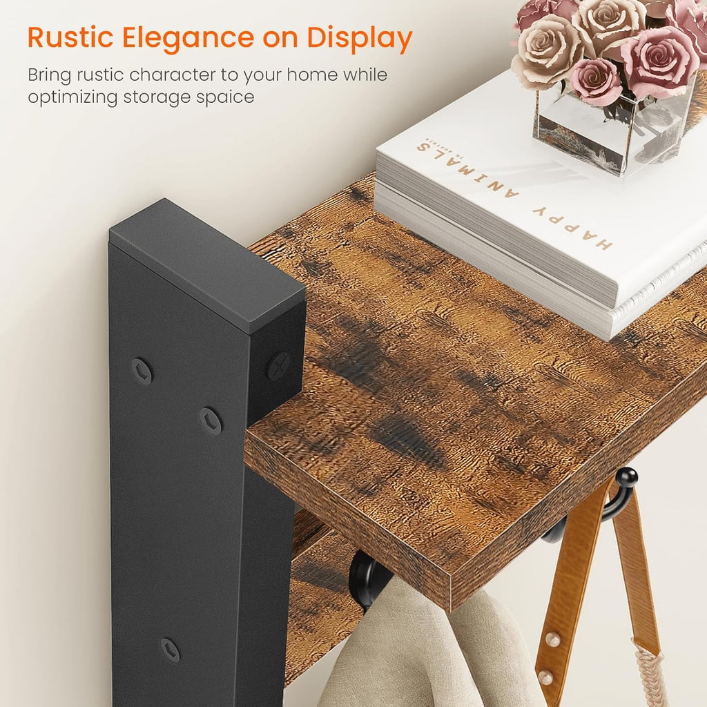 Homode Rustic Brown Wall Mount Coat Rack with Shelf and 5 Tri Hooks, Wood Coat Hangers for Hanging Hat, Towel, Purse, Jacket