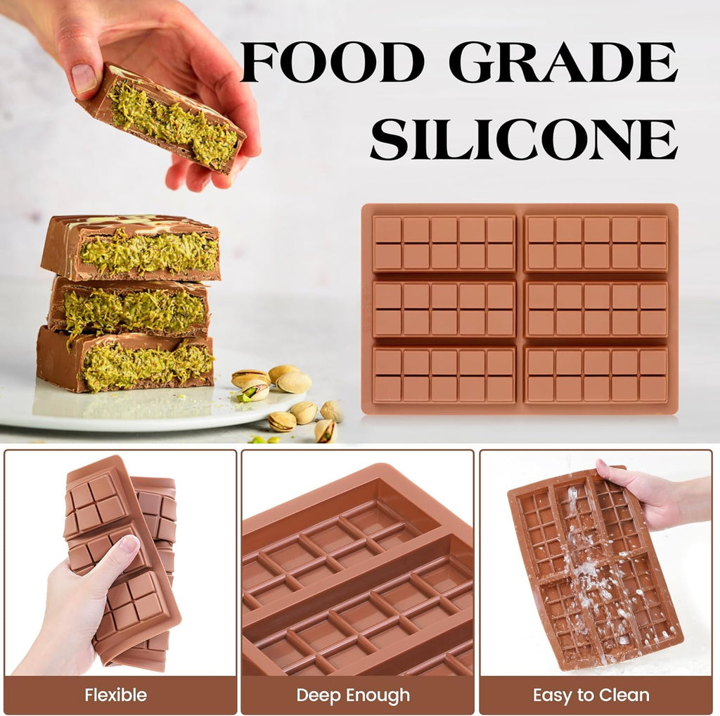 2 Pcs Chocolate Bar Mold Deep Dubai Stuffed Silicone Molds for Filling Knafeh Pistachio Chocolate Bar and Wax Melts Rectangle Thick Candy Bar Molds Break Apart (10 Snap）