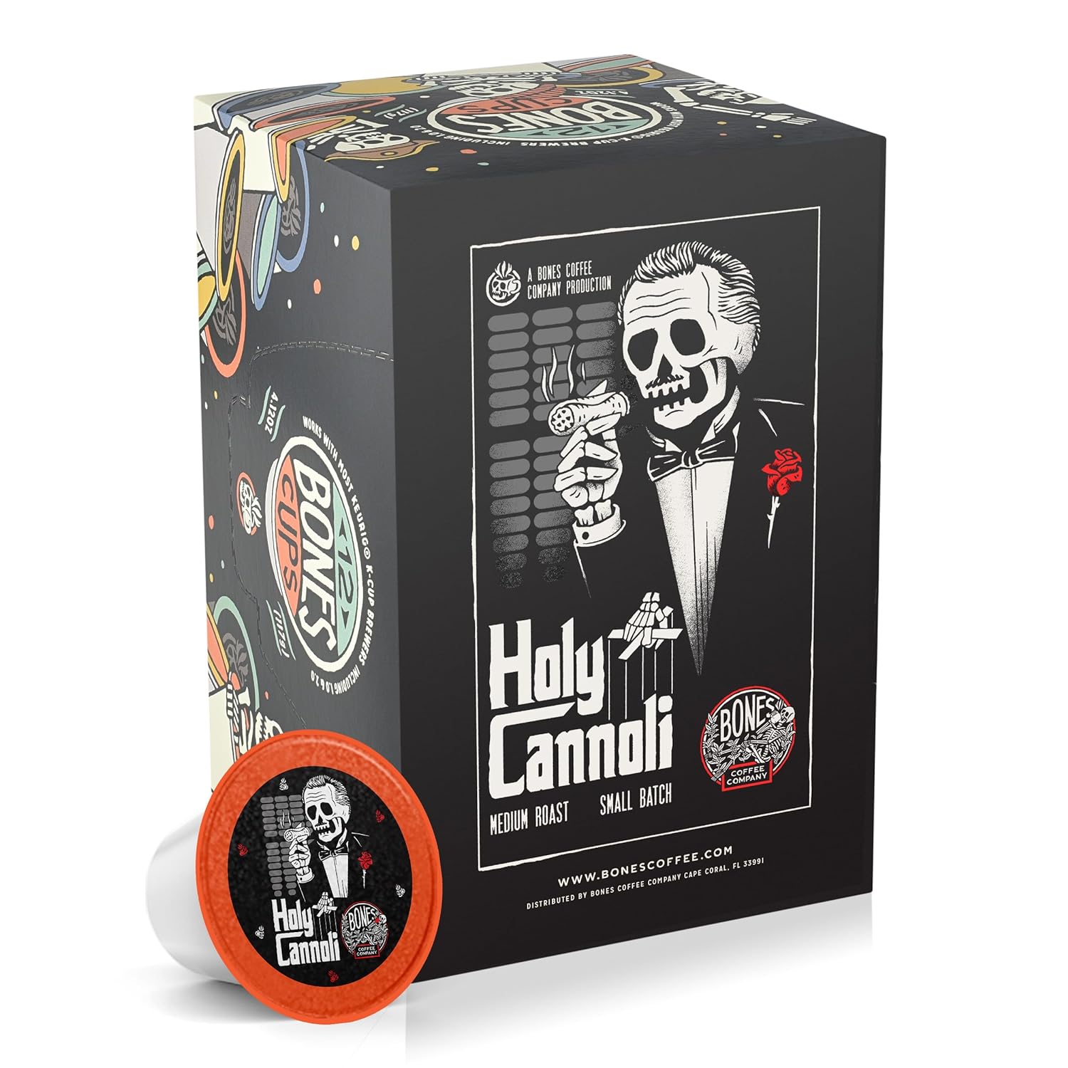 Bones Coffee Company Flavored Coffee Bones Cups Holy Cannoli Flavored Pods | 12ct Single-Serve Coffee Pods Compatible with Keurig 1.0 & 2.0 Keurig Coffee Maker