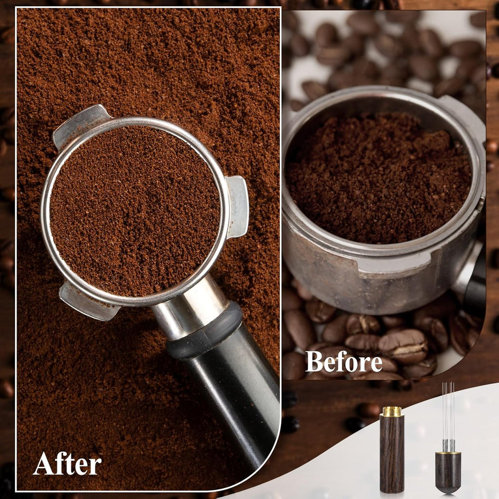 Espresso Needle Distributor,6 Needles 0.3mm Espresso Coffee Stirrer,Coffee Stirring Tool,Professional Barista Espresso Distribution Tool,Natural Wood Handle,Espresso Machine Accessories,Brown