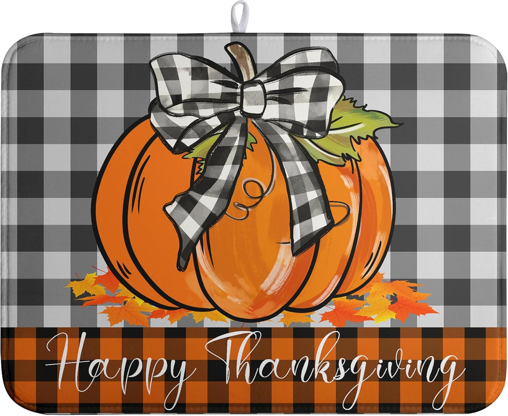 Fall Pumpkin Dish Drying Mats Thanksgiving Kitchen Drying Mat Buffalo Plaid Microfiber Large Dish Dryer Pad Maple Leaves Absorbent Dishes Drain Matt XL Washable Foldable(18x24 in)