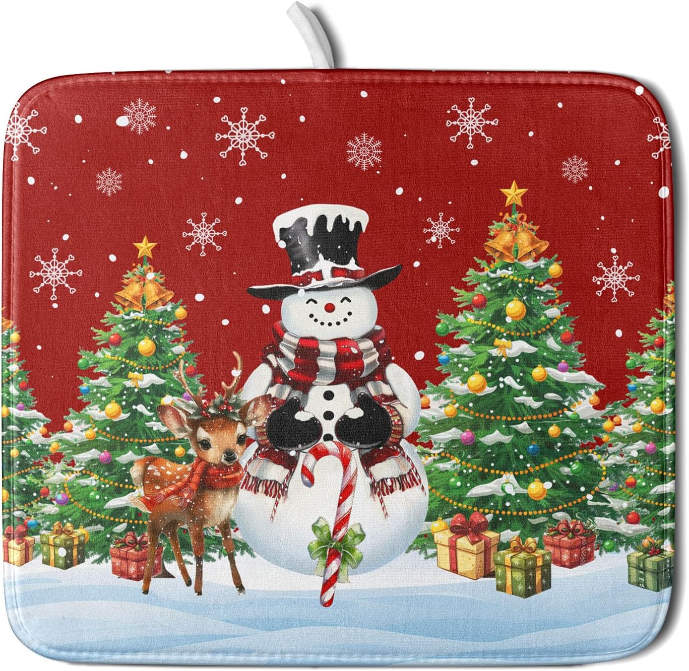Christmas Snowman Dish Drying Mat for Kitchen Counter,Christmas Tree Winter Snowflake Red Drying Mat 16 x 18 Inch with High Absorbent Reversible Microfiber Dish Drying Pad Drainer Mat for Coffee Bar
