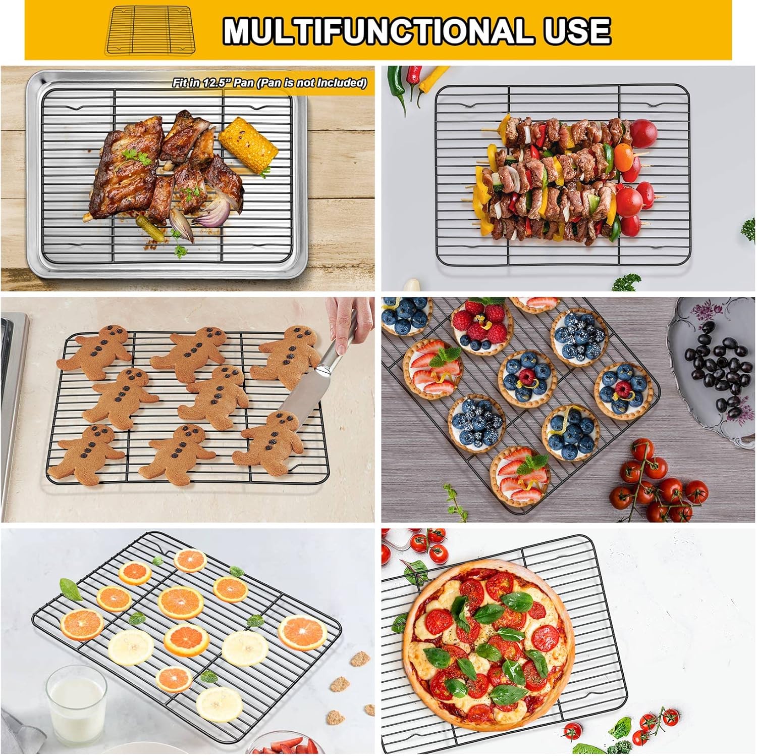 P&P CHEF Cooling Baking Rack Pack of 2, Stainless Steel Cooling Racks for Cooking Baking Roasting Grilling Drying, Dense Wires & Smooth Edge, Easy to clean, Black,11.6" x 9"