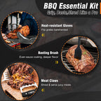 Walfos BBQ Gloves - 500°F Heat Resistant Grilling Gloves Set with Meat shredding Claws & Silicone Brush, Non-Slip Kitchen Silicone Oven Mitt, for Barbecue, Cooking, Baking, Cutting, Black