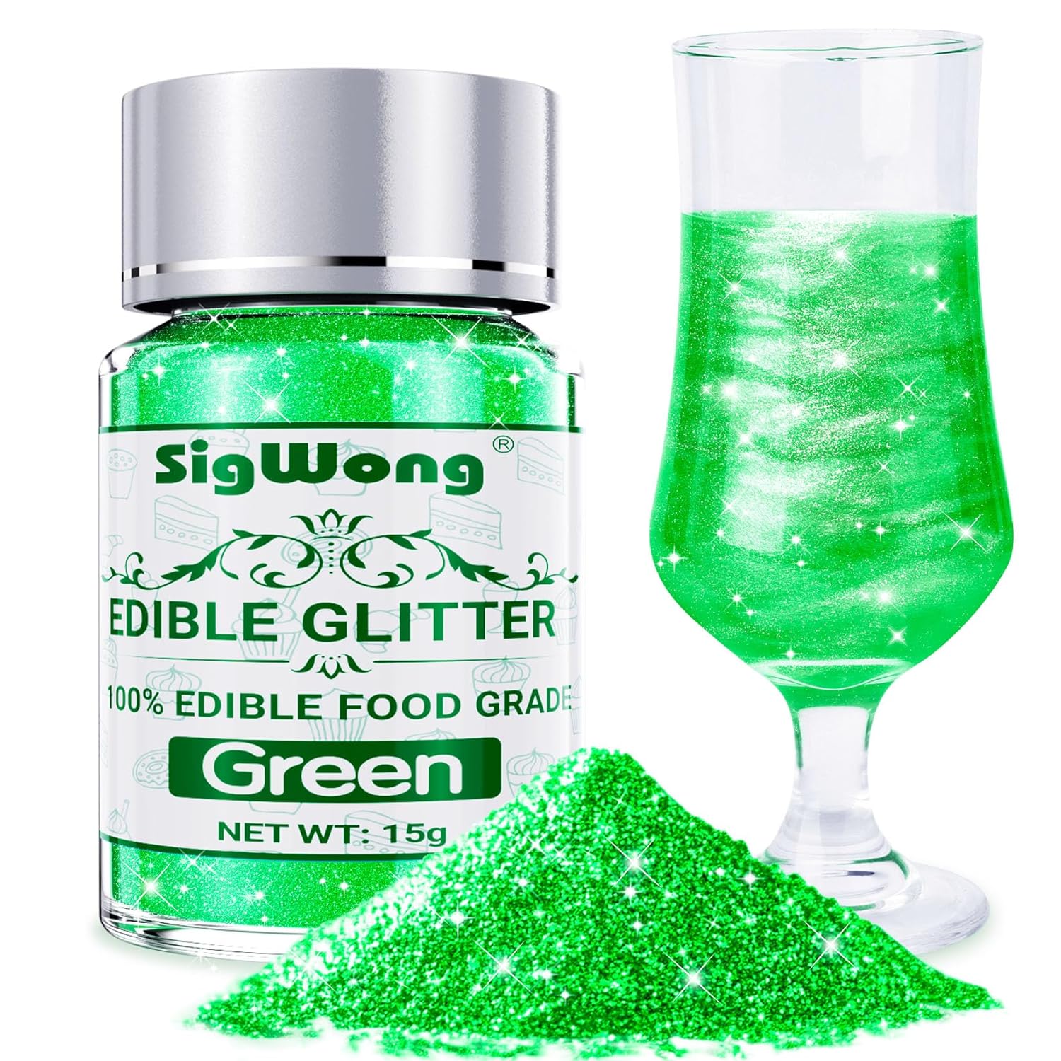 Green Edible Glitter - 15g Food Grade Luster Dust Powder, Cake Decorating Sprinkle Glimmery Dust for Drinks, Wine, Fondant, Chocolate, Candy, Cookie, Vegan
