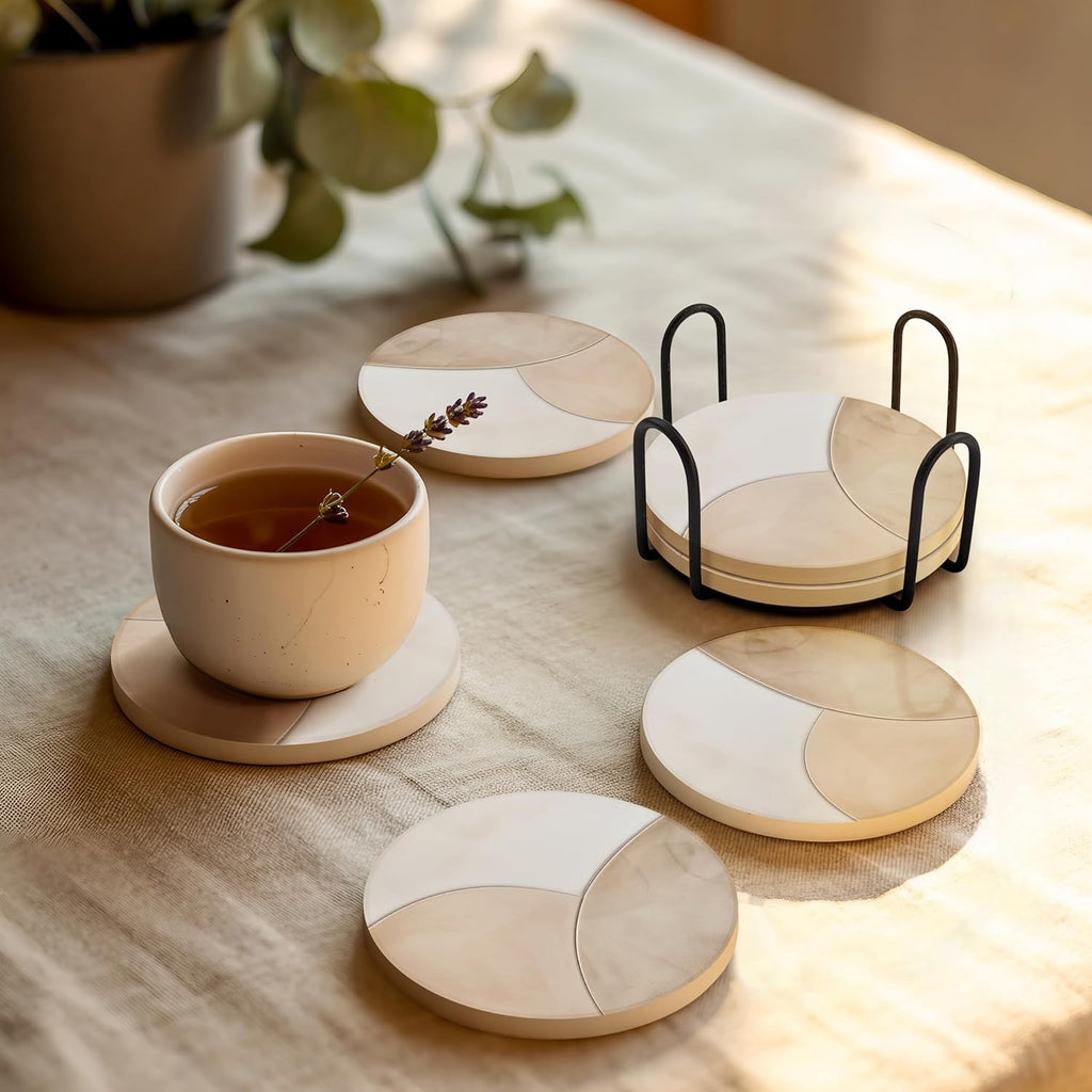 VEYRO Coasters Set of 6 for Drinks – Absorbent Ceramic Stone Drink Coasters with Cork Backing for Coffee Table & Desk, Modern Marble Look Cup Coaster Set, Housewarming Gift for New Home
