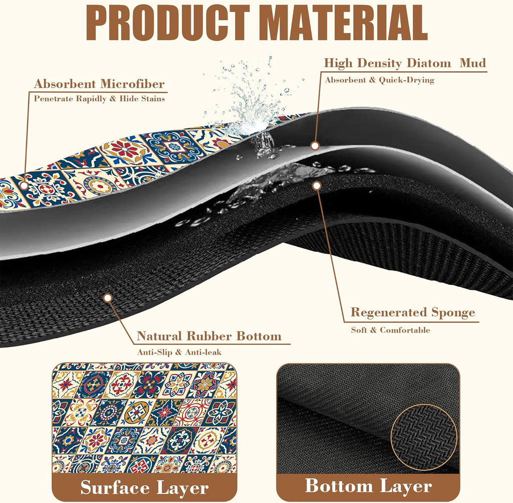 Dish Drying Mat Moroccan Tile Coffee Bar Mat for Countertop Absorbent Rubber Backed Hide Stain Dish Drainer Rack Pad Coffee Maker Espresso Machine Dining Room Decoration 11.8 x 19.7 Inch