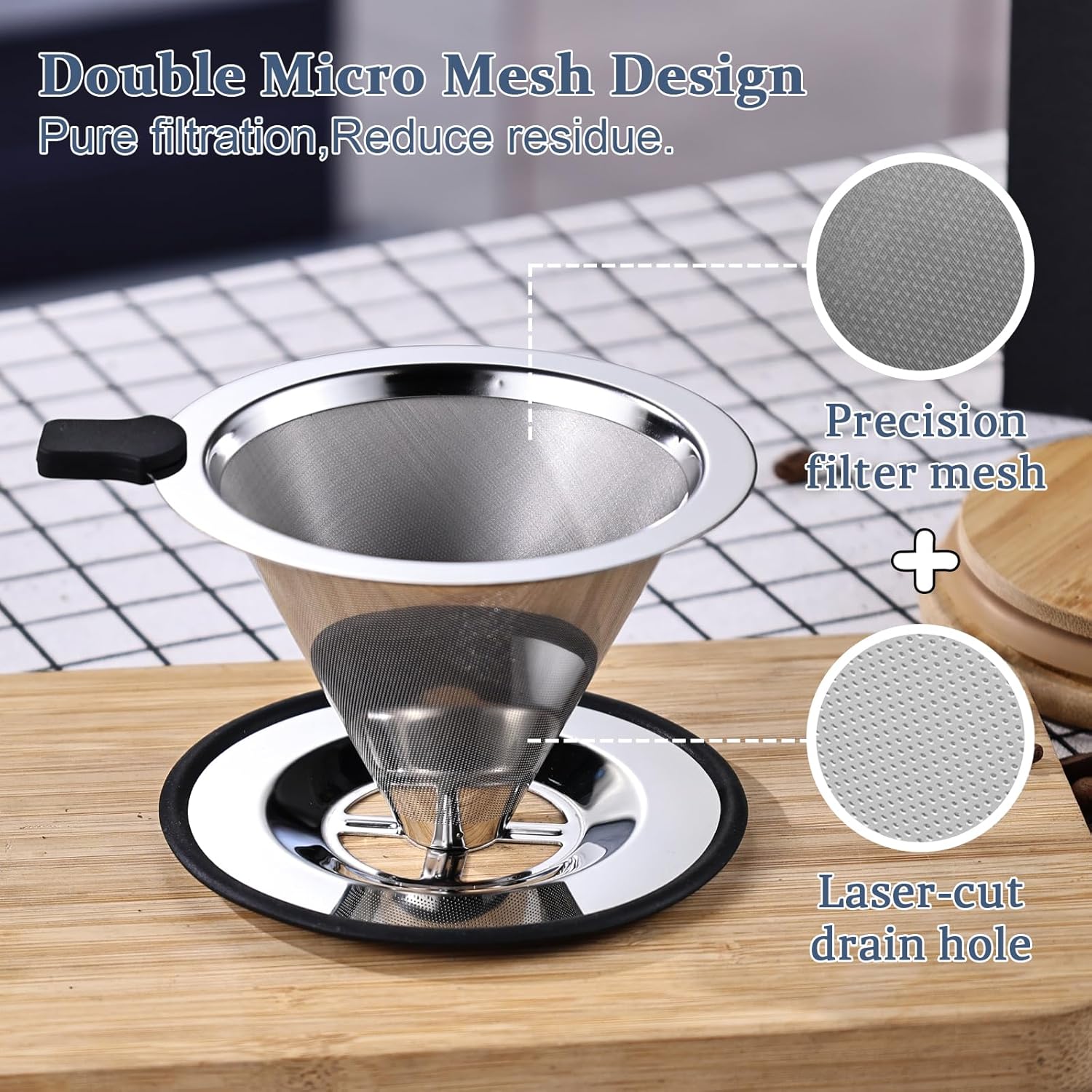 Small Size Pour Over Coffee Dripper, Stainless Steel Metal Cone Drip Coffee Filter, Paperless and Permanently Reusable, Double Mesh Coffee,TeaFilter for 1-2 Cups
