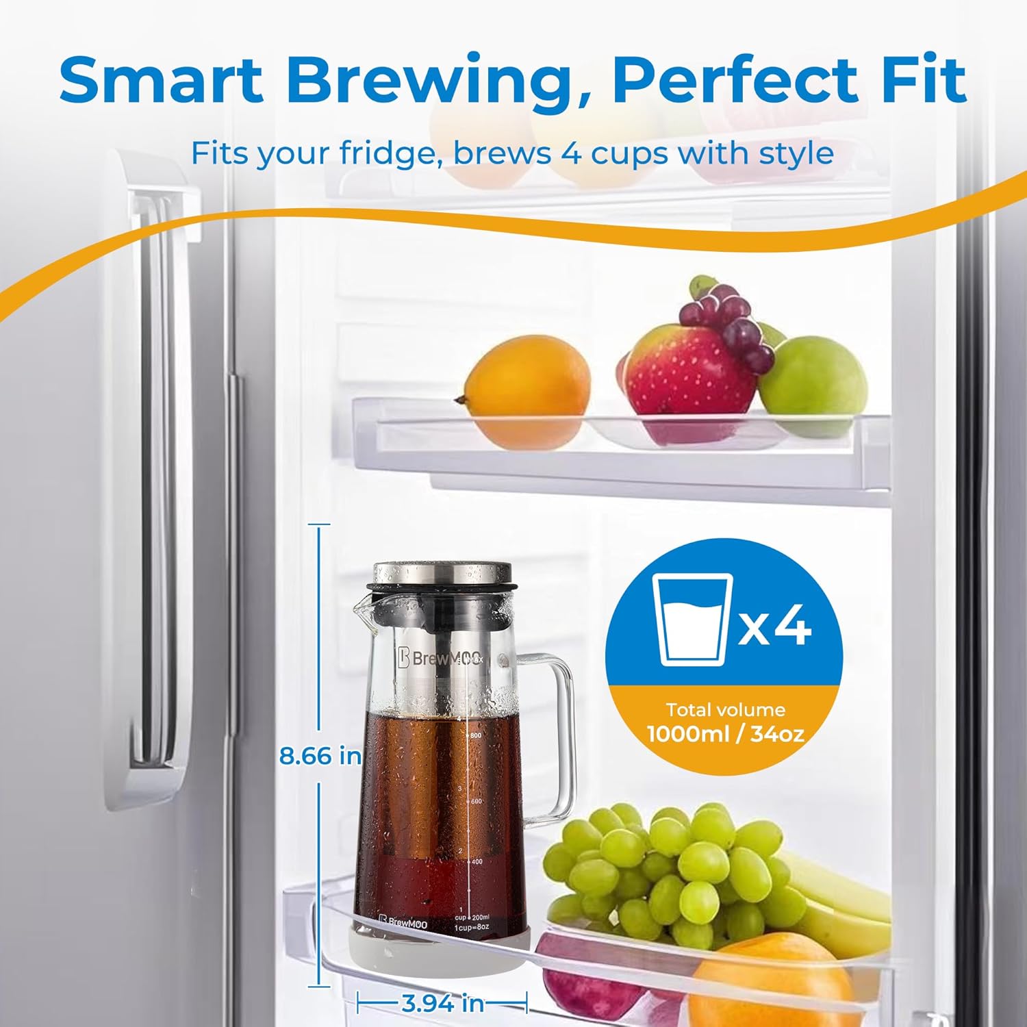 BrewMOO- Airtight Cold Brew Coffee Maker Pitcher, 1.0L/34Oz Thick Glass Carafe with Filter, Comfort Sturdy Handle & Wide Spout, Non-Slip Base | Iced Tea Maker (Grey)