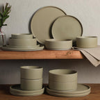 Gibson Elite Tatum Premium Porcelain Matte Reactive Glaze 16-Piece (Service for 4) Plates and Bolws Stackable Dishes Ceramic Dinnerware - Green