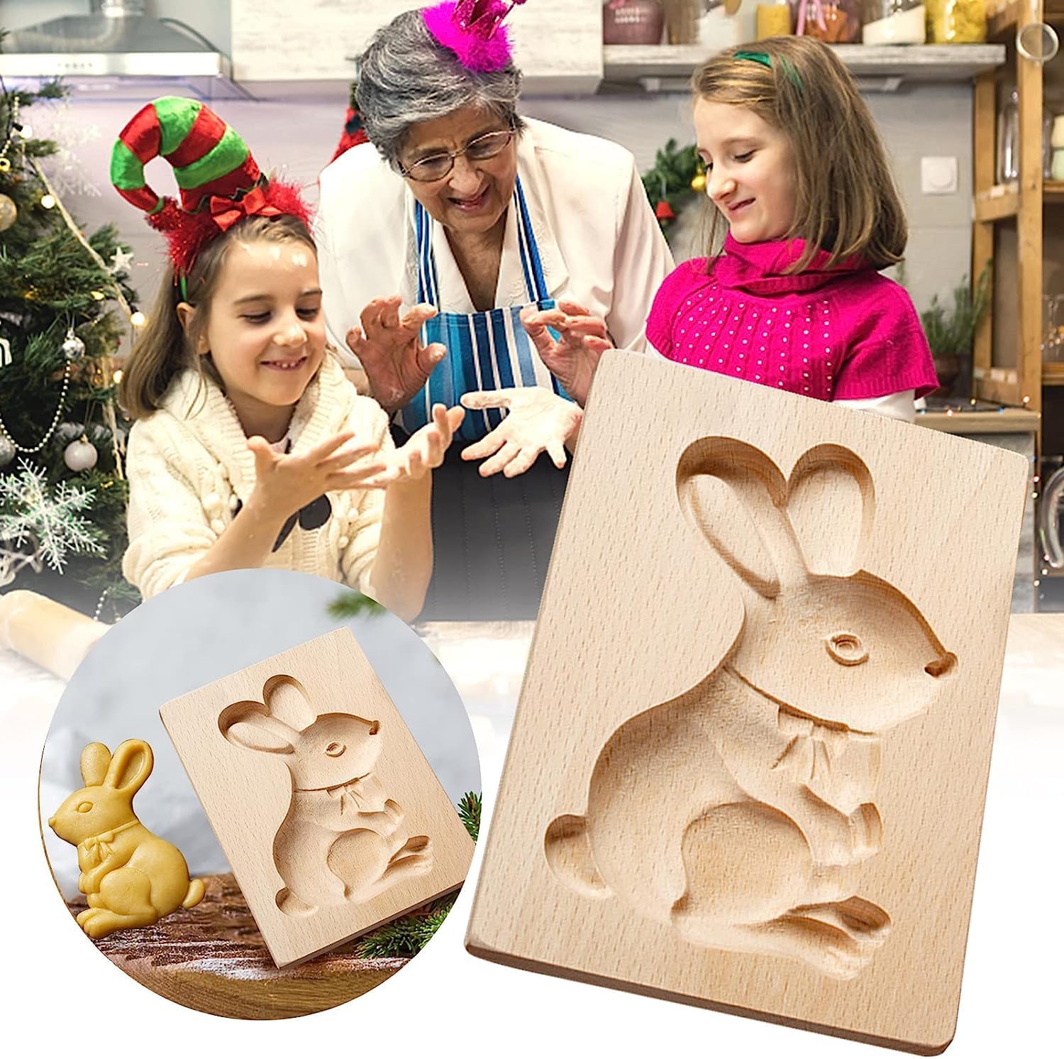 Wooden Cookie Biscuit Mold, 3D Baking Mold, Embossing Craft Decorating Baking Tool, Suitable for Halloween Thanksgiving Christmas Kitchen DIY (Stand Rabbit)