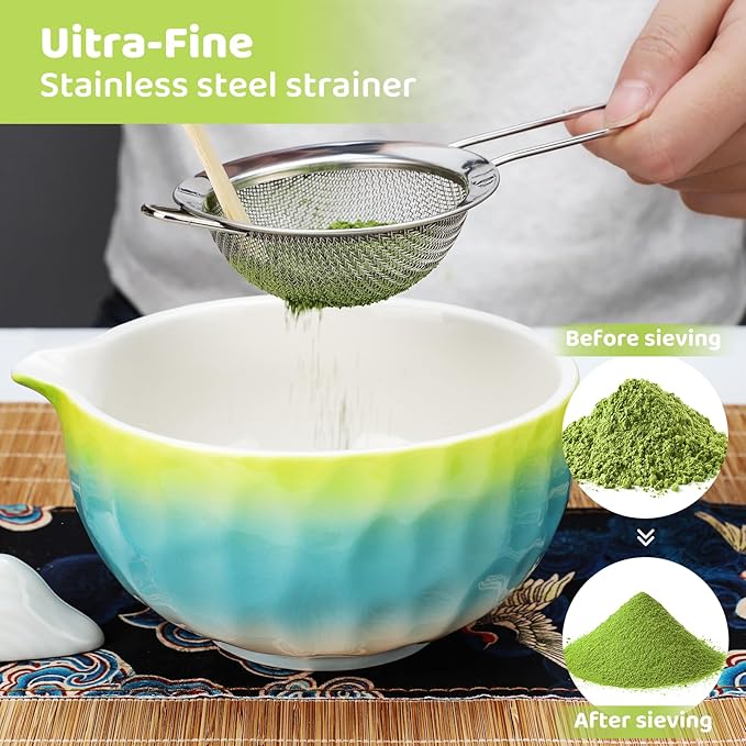 8PCS Matcha Whisk Set, Ceramic Matcha Tea Set Includes Matcha Bowl with Spout, Holder, Bamboo Whisk, Spoon, Sifter, Tea Cloth, Scoop and Scoop Stand (Hammered Gradient Green and Blue)