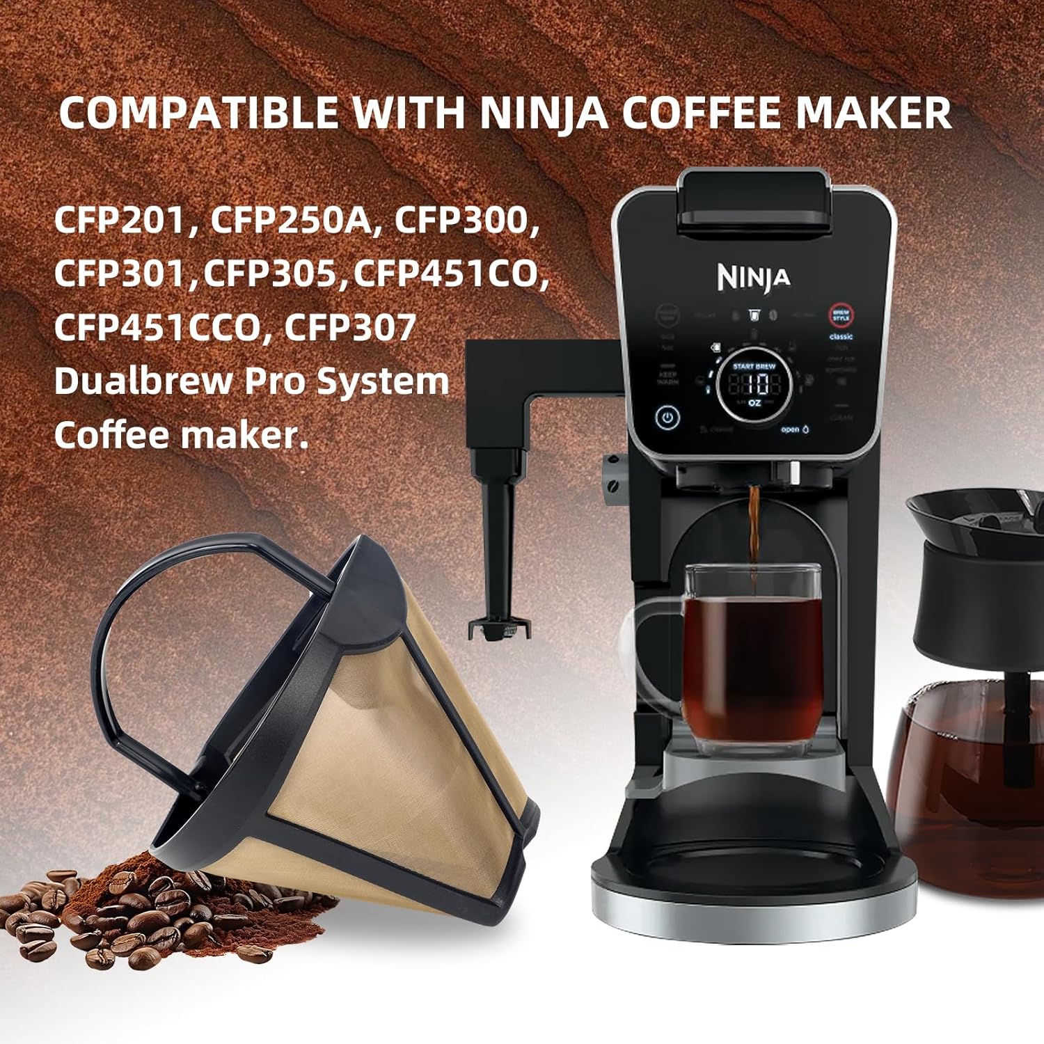 Coffee Permanent Filter for Ninja CFP Dual Brew Models, Reusable Gold Tone Coffee Filter Basket Compatible with Ninja Coffee Makers CFP201 CFP300 CFP301 CFP305 CFP307 (1 Pack)