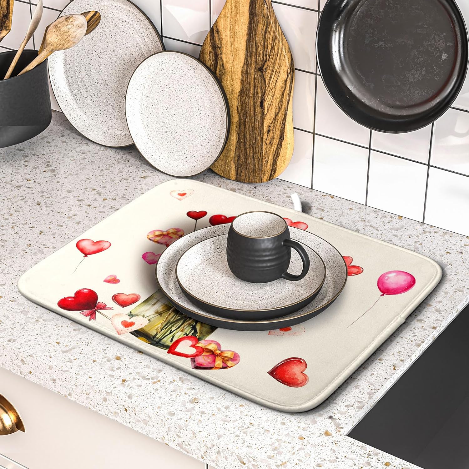 Valentine's Day Dish Drying Mat for Kitchen Counter,Red Love Canes Hearts Decorative Mason Jar Drying Mat 16 x 18 Inch with High Absorbent Microfiber Drainer Mat for Coffee Bar
