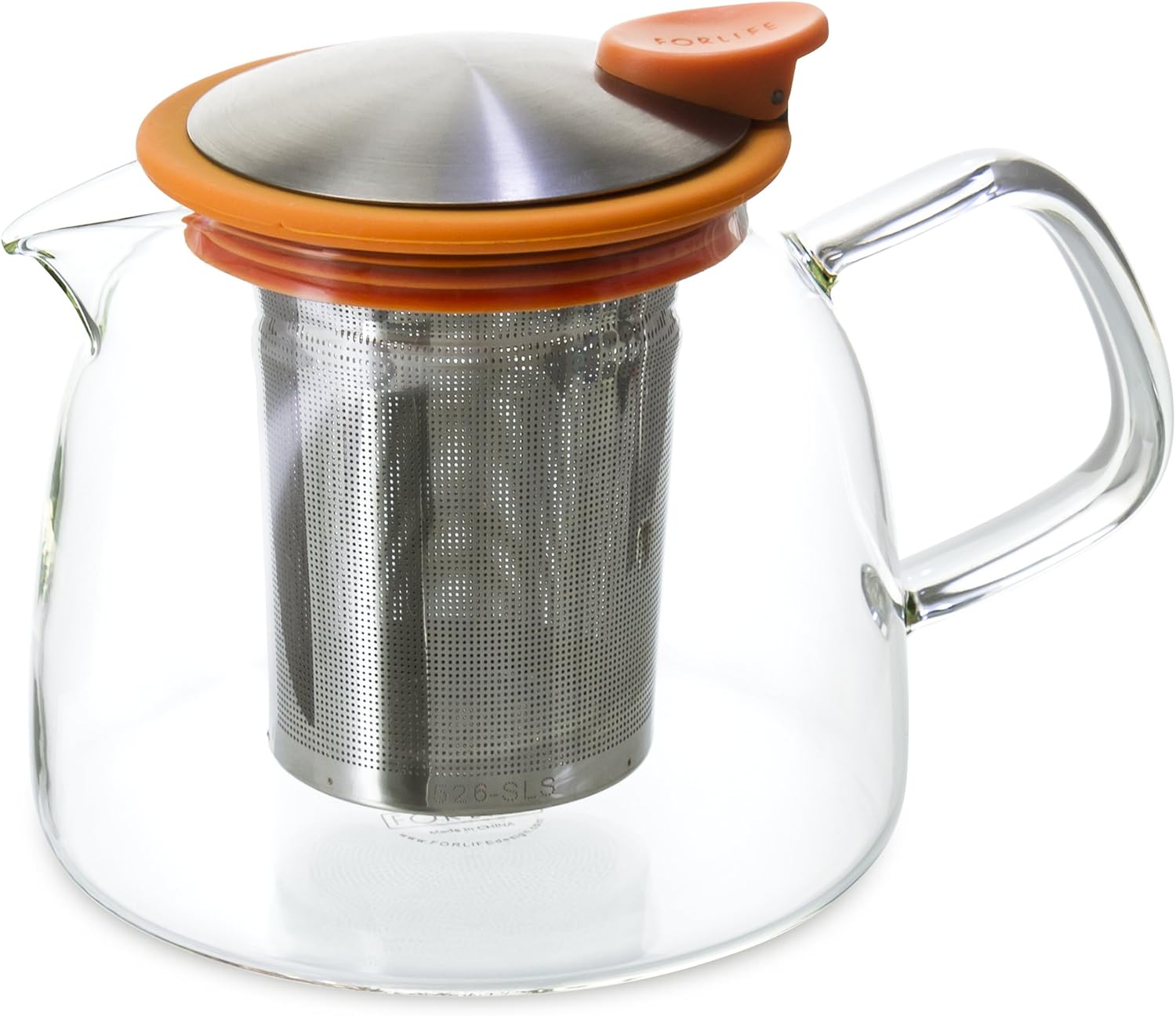 FORLIFE Bell Glass Teapot with Basket Infuser, 24 oz./730 mL, Orange