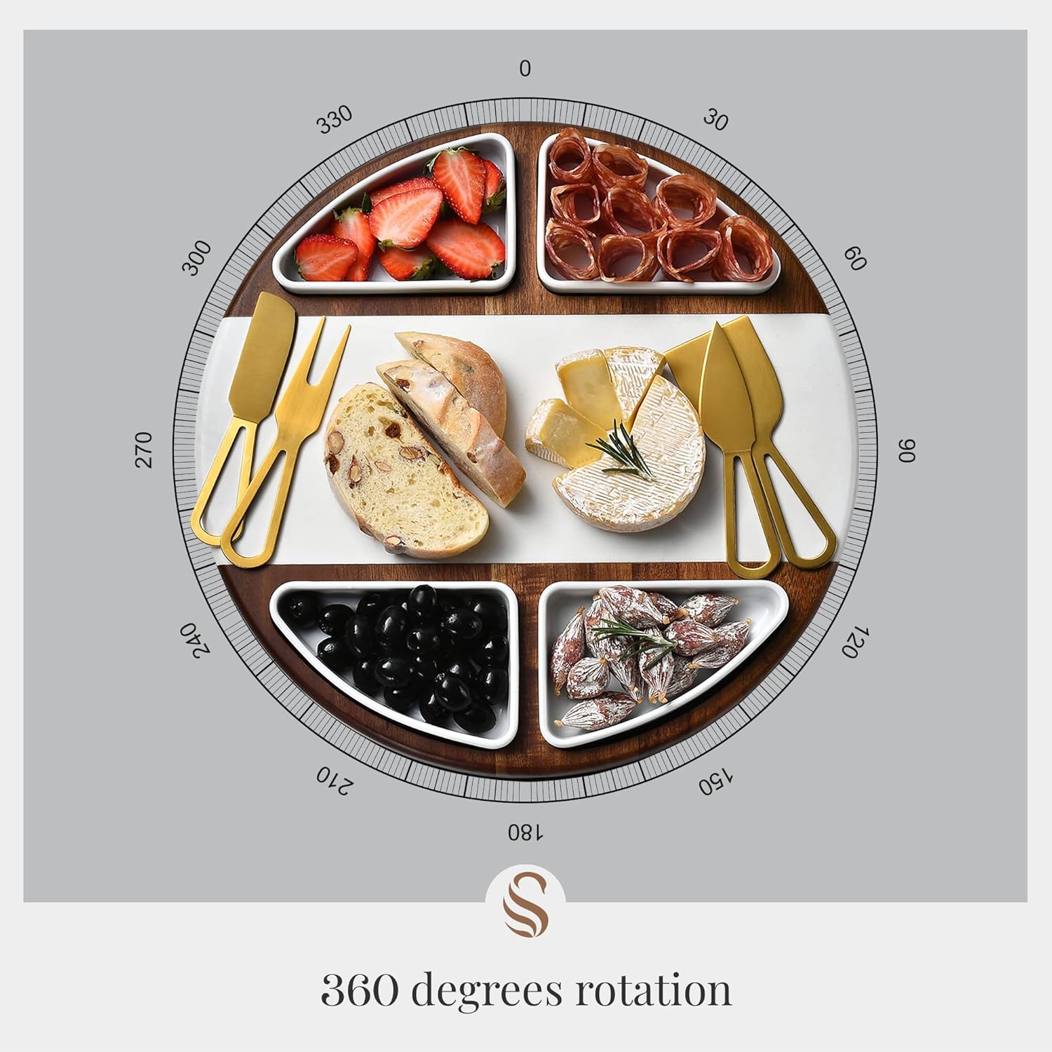 Shanik Upgraded Lazy Susan Cheese Cutting Board Set - Round Acacia Charcuterie Board With 4 Ceramic Bowls - Wedding Gifts - Cheese Serving Platter - Bridal Shower