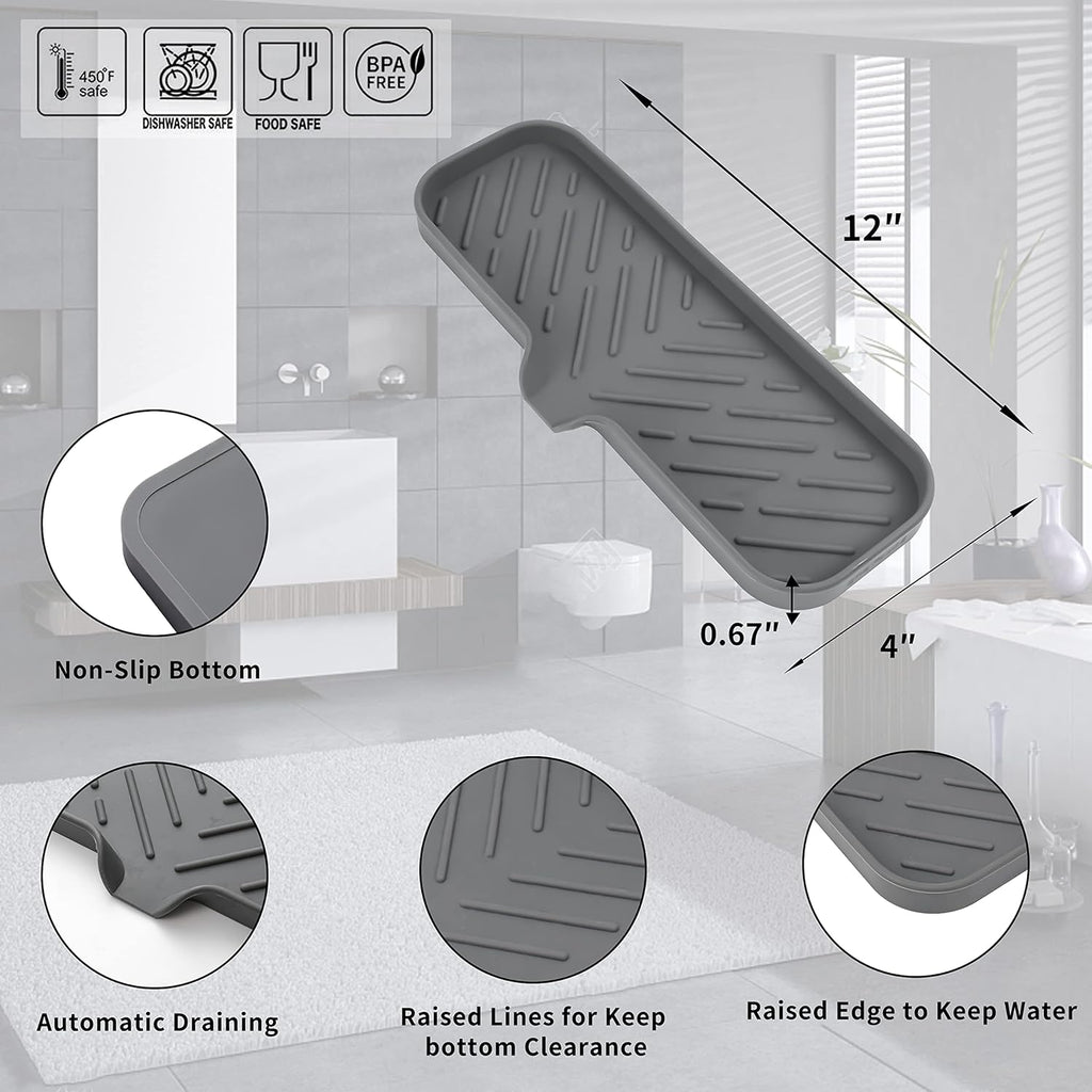 Silicone Bathroom Soap Dishes with Drain Spout-Bathroom and Kitchen Sink Organizer,Sponge Holder,Dish Soap Tray,Perfect for Dispenser,Scrubber,Bottle,Cup on Sink or Counter-Grey 12"×4"
