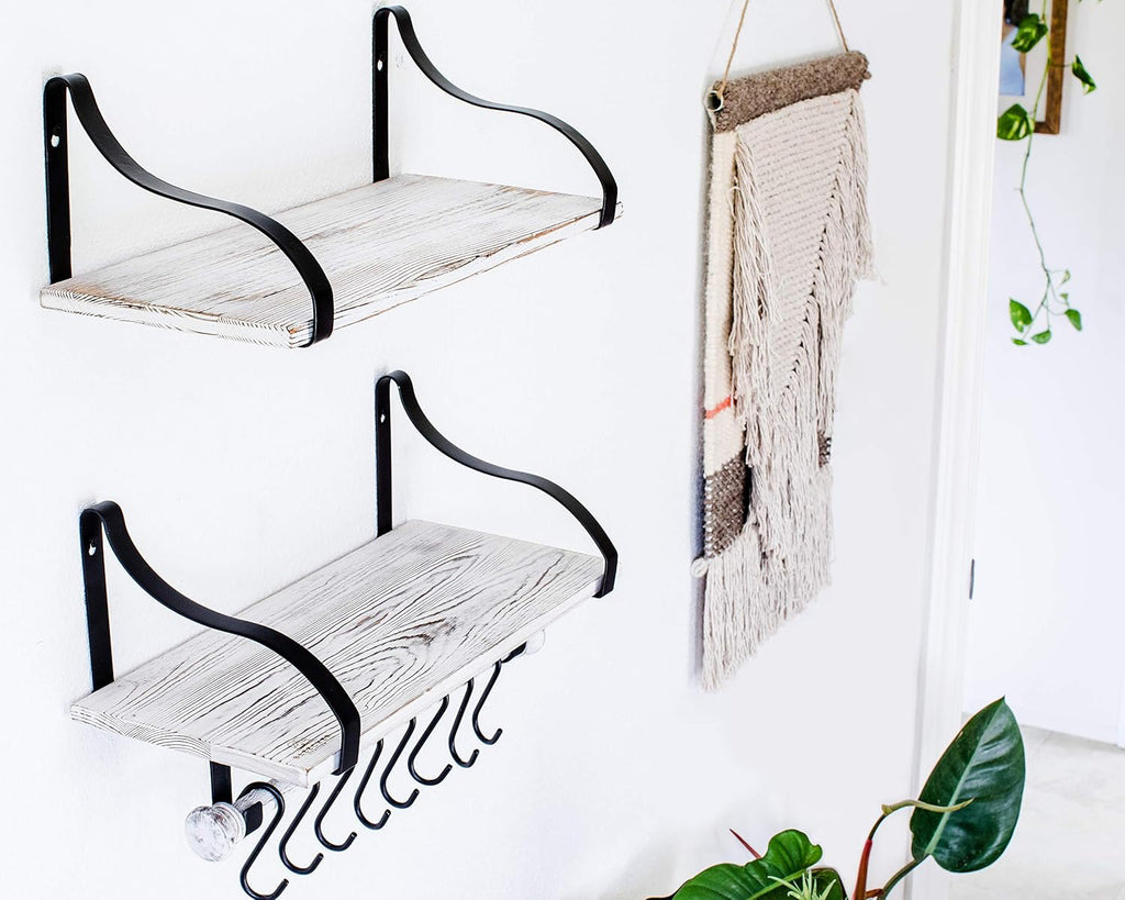 Wall Mounted Floating Spice Shelves with Towel Bar and Removable Hooks, Solid Wood, Rustic Shelving Storage, for Kitchens, Bathrooms and More, Farmhouse Wall Décor, 16.75” Long x 7.5” (White Washed)