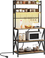 Yaheetech Kitchen Bakers Rack with Power Outlet & LED Lights, 5 Tiers Coffee Bar Table with 8 S Hooks, 64 Inches Tall Microwave Oven Stand with Storage for Spices, Pots, Rustic Brown
