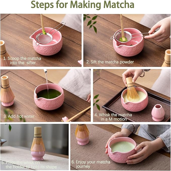 Matcha Whisk Set, Ceramic Matcha Kit Set Includes Matcha Bowl, Matcha Whisk and Holder, Bamboo Scoop, Scoop Rest, Sifter and Tea Towel - 7 Pcs Matcha Kit for Matcha Lovers (Pink)