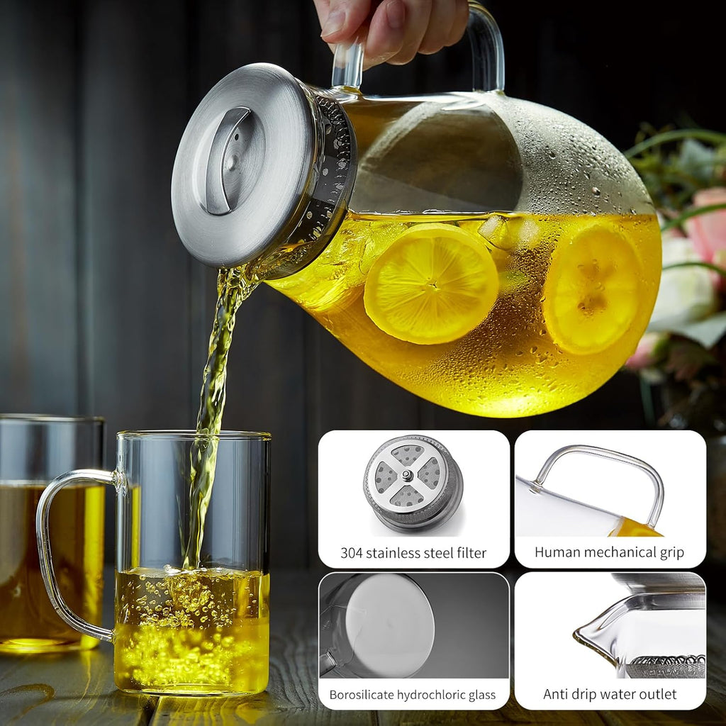 68OZ Glass Pitcher with Lid and Spout, Water Jug, 2000ML Carafe for Hot/Cold Water, Large Iced Tea Pitcher for Coffee, Juice and Homemade Beverage