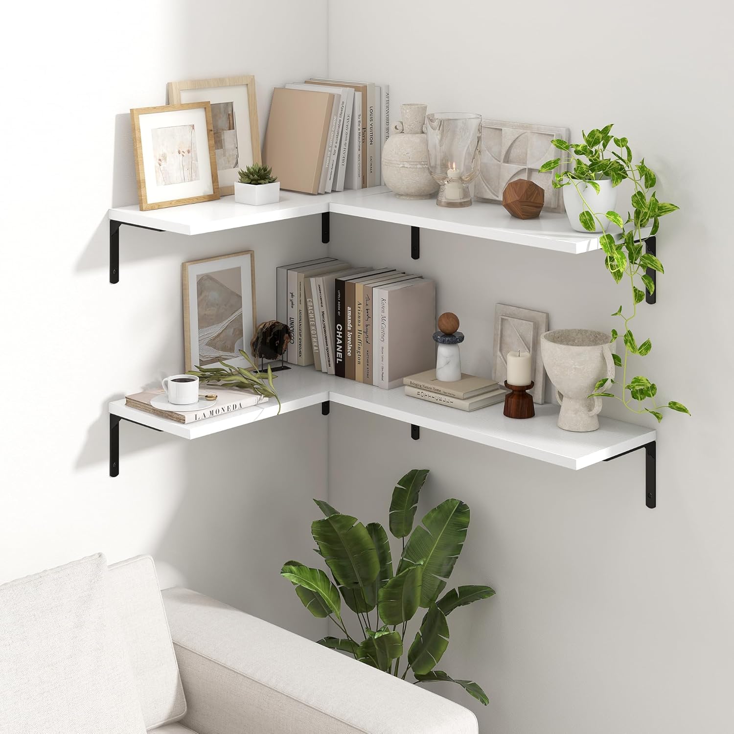 Fun Memories Deep Floating Shelves, 24W x 8D Floating Shelves Set of 2, Wall Mounted Shelf with Metal Brackets, Rustic Wood Wall Shelf for Bathroom, Kitchen and Living Room, White