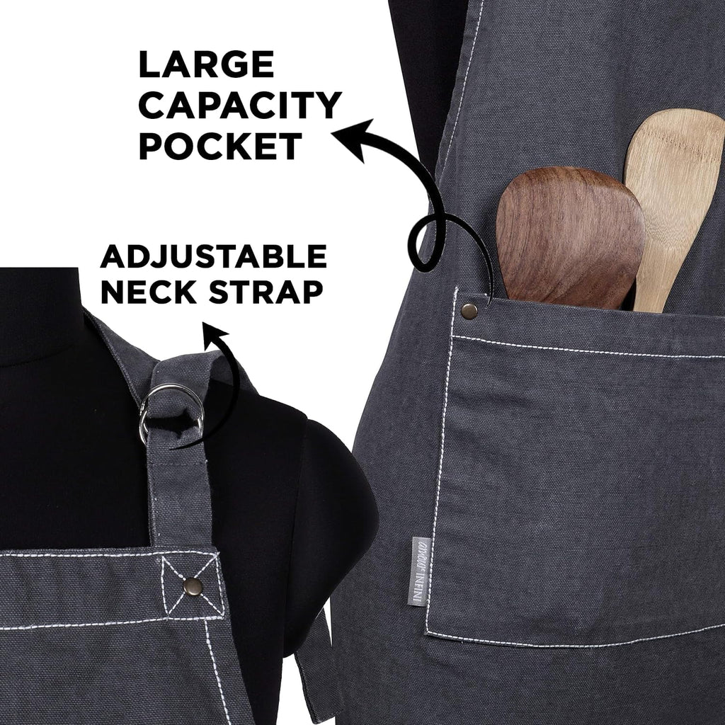AMOUR INFINI Cotton Solid Aprons for Women with Pocket, Adjustable Strap and Waist Ties Washed Chef Aprons for Cooking, Baking and Gardening (27.5 x 33 Inches - Gray)