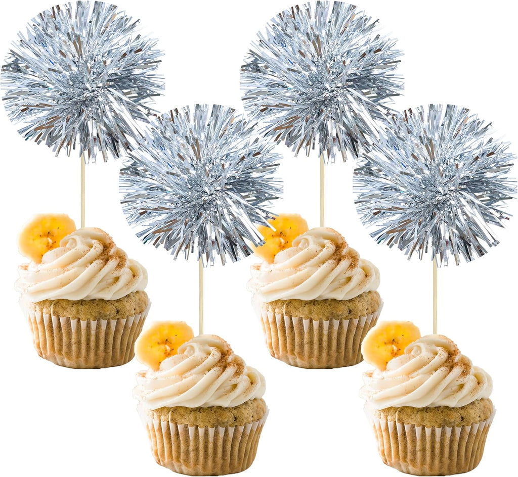 Gyufise 30Pcs Foil Firework Cupcake Toppers Sparkle Tinsel Cake Toppers Tinsel Drink Cake Decoration Cocktail Picks for Birthday Wedding Graduation Party Supplies Dark Silver