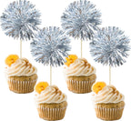 Gyufise 30Pcs Foil Firework Cupcake Toppers Sparkle Tinsel Cake Toppers Tinsel Drink Cake Decoration Cocktail Picks for Birthday Wedding Graduation Party Supplies Dark Silver