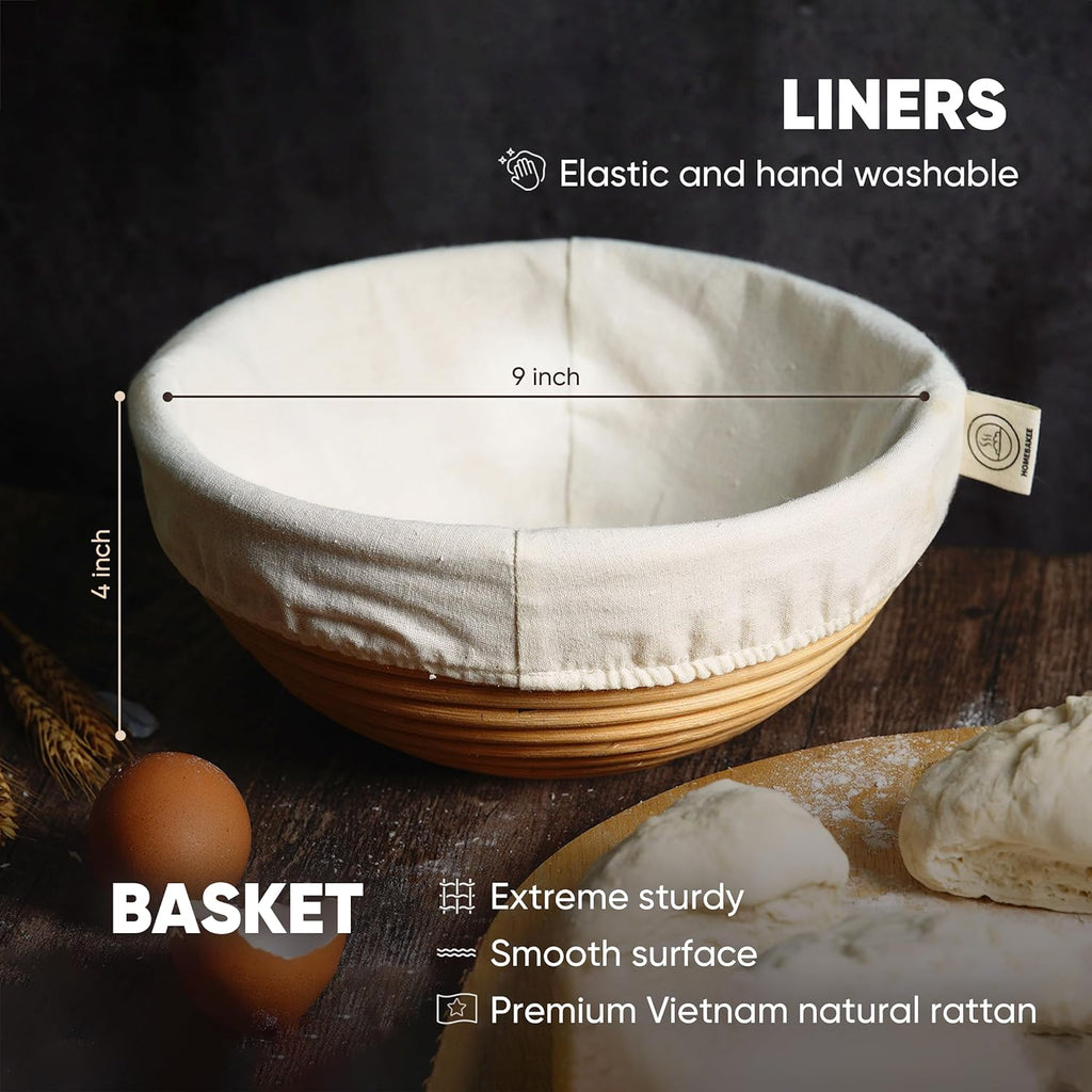 Banneton Proofing Basket Set – 2 Round 9 Inch Unbleached Rattan Baskets with Linen Liners, UFO Bread Lame (4 Blades), Dough Scraper – Sourdough Bread Baking Kit