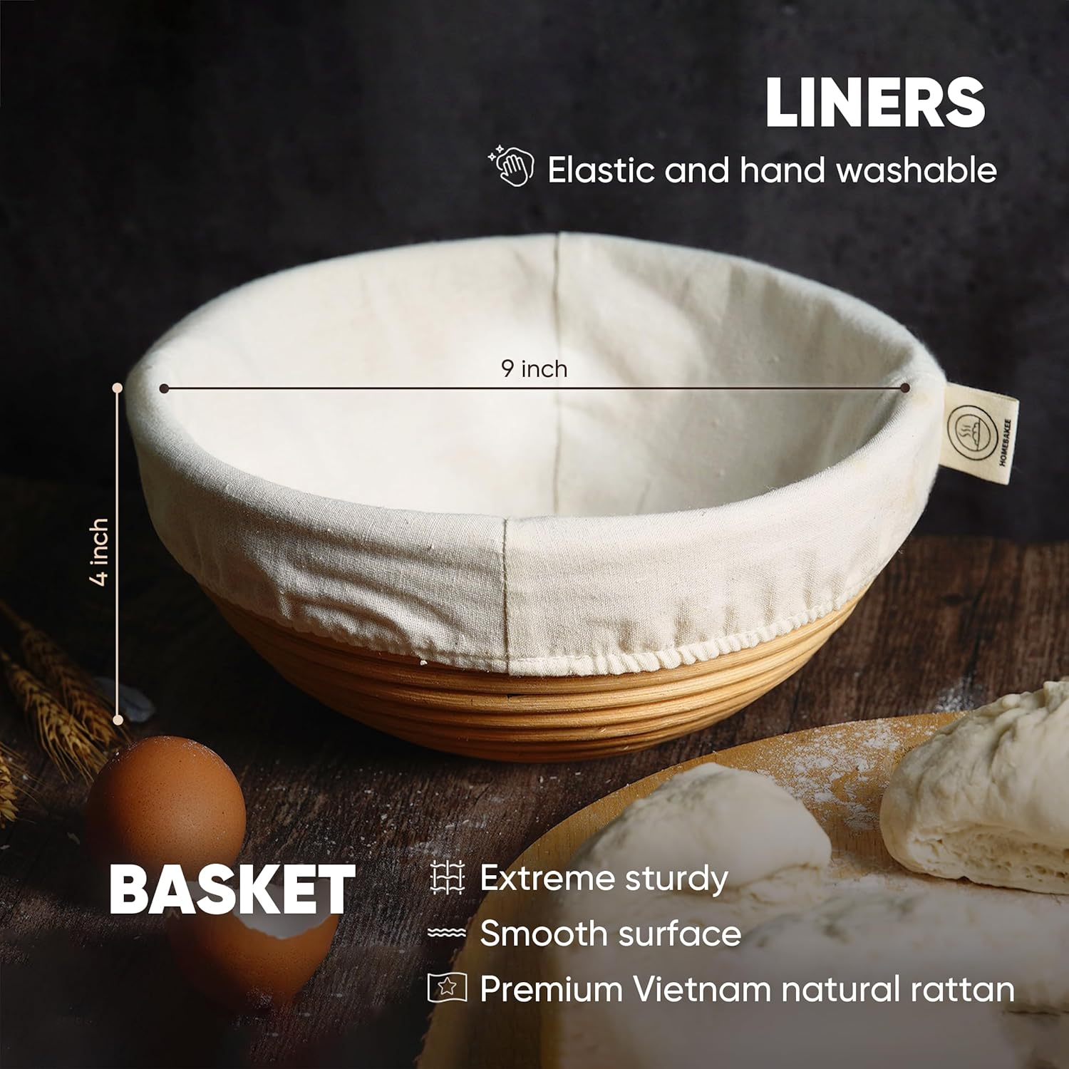 Banneton Proofing Basket Set – 2 Round 9 Inch Unbleached Rattan Baskets with Linen Liners, UFO Bread Lame (4 Blades), Dough Scraper – Sourdough Bread Baking Kit
