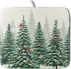 Winter Green Pine Tree Dish Drying Mat for Kitchen Counter,Red Bird Snowflake Drying Mat 16 x 18 Inch with High Absorbent Microfiber Drainer Mat for Coffee Bar