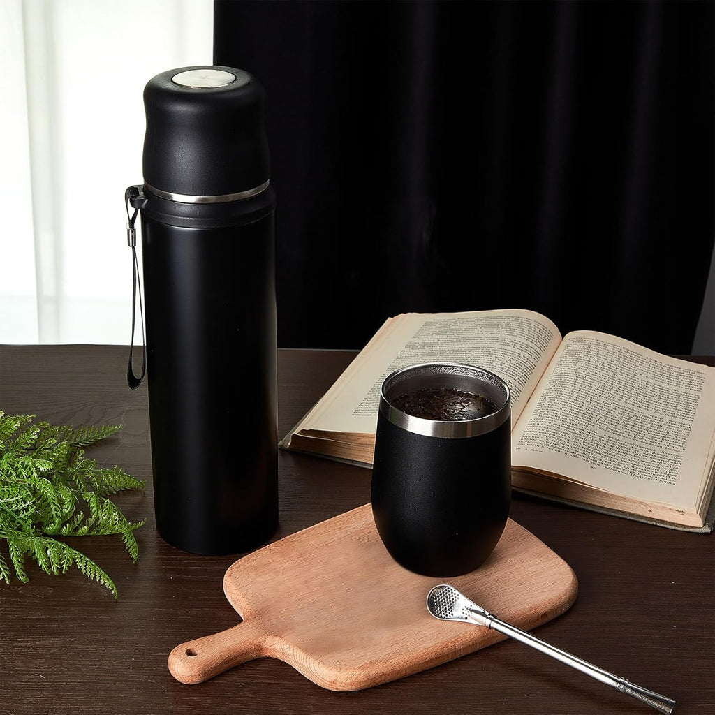 Dandat 2-Piece Yerba Mate Cup and Vacuum Bottle Kit - 12 oz Yerba Mate Gourd Cup with Bombilla Set and 34 oz Insulated Water Bottle - Black