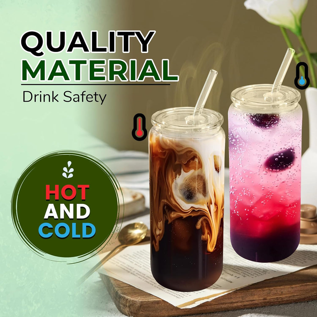 Joyclub 20 oz Glass Cups with Acrylic Lids and Straws 2pcs Can Shaped Glass Iced Coffee Cups with Lids, Drinking Jar Glasses Cute Tumbler Cup Great for Smoothie Soda Boba Tea Cocktail Beer Gift