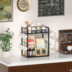 Dorhors 2 Tier Coffee Bar Accessories and Organizer,Multi-functional Mug Holder with 12 Hooks,Wood Coffee Station Organizer,Kitchen Countertop Shelf (Black)