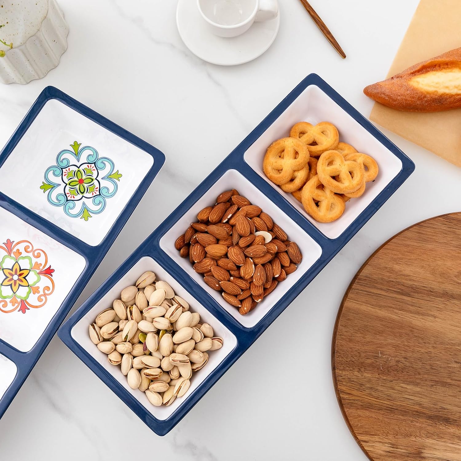 3-Section Divided Serving Trays, Talavera 14.75”x 6” Unbreakable Melamine Serving Platter for Serving Food, 3 Compartment Condiment Tray, Rectangular Condiment Server Set of 2