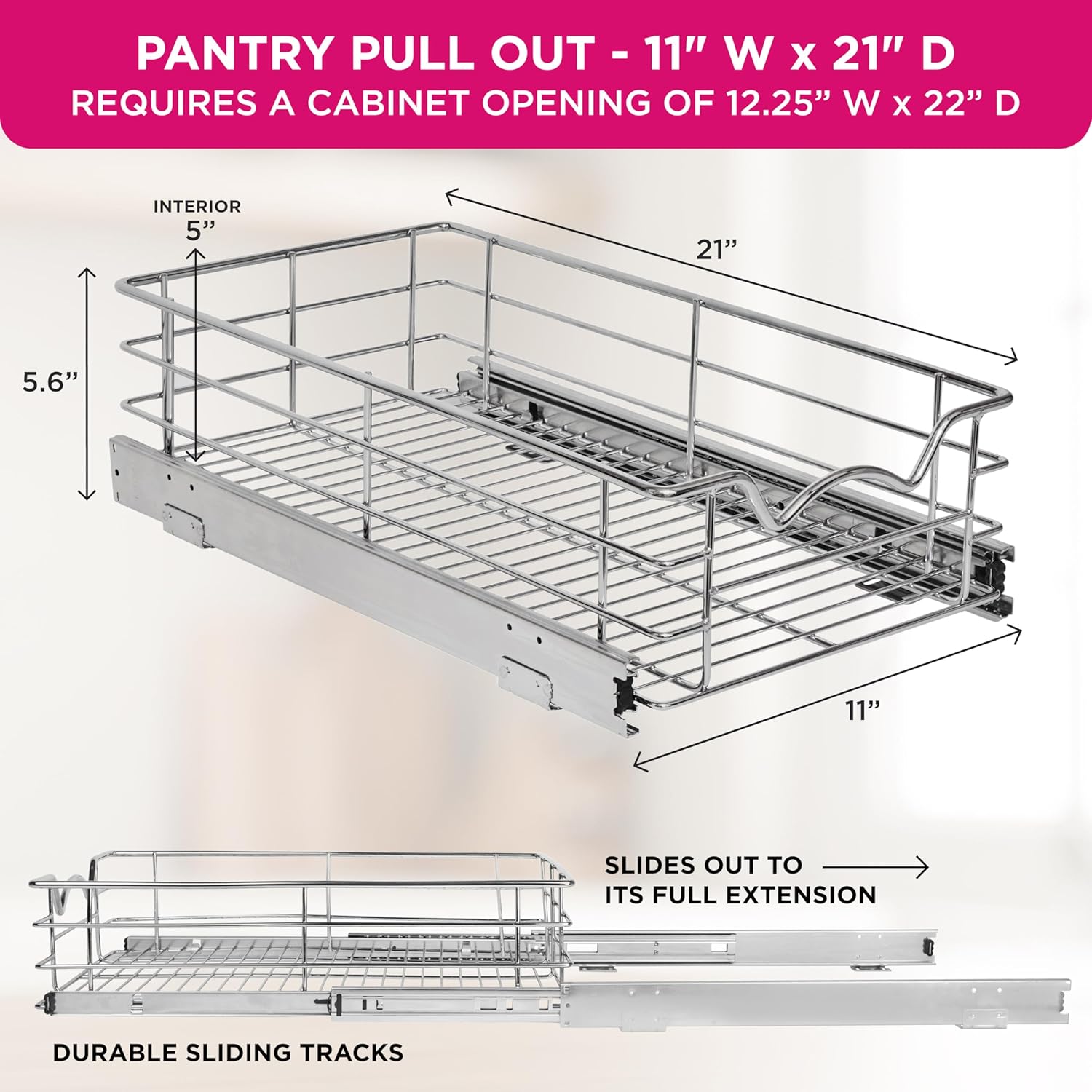 HOLDN’ STORAGE Heavy-Duty Premium Collection Pull Out Cabinet Organizer, Cabinet Drawer Slide Outs, Lifetime Limited Warranty - Basket Size 11" W x 21" D x 5" H, Anti-Rust Chrome Finish