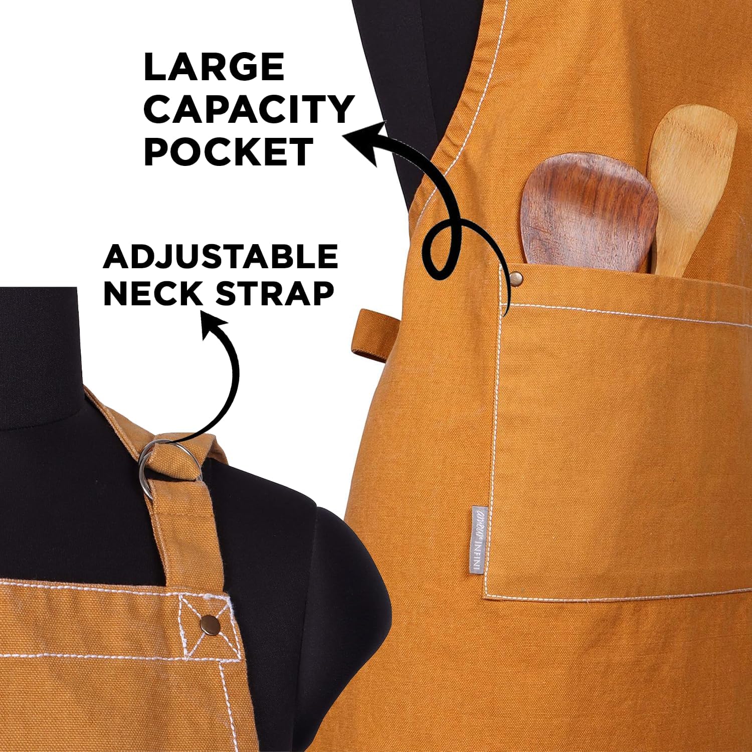 AMOUR INFINI Cotton Solid Aprons for Women with Pocket, Adjustable Strap and Waist Ties Washed Chef Aprons for Cooking, Baking and Gardening (27.5 x 33 Inches - Yellow)