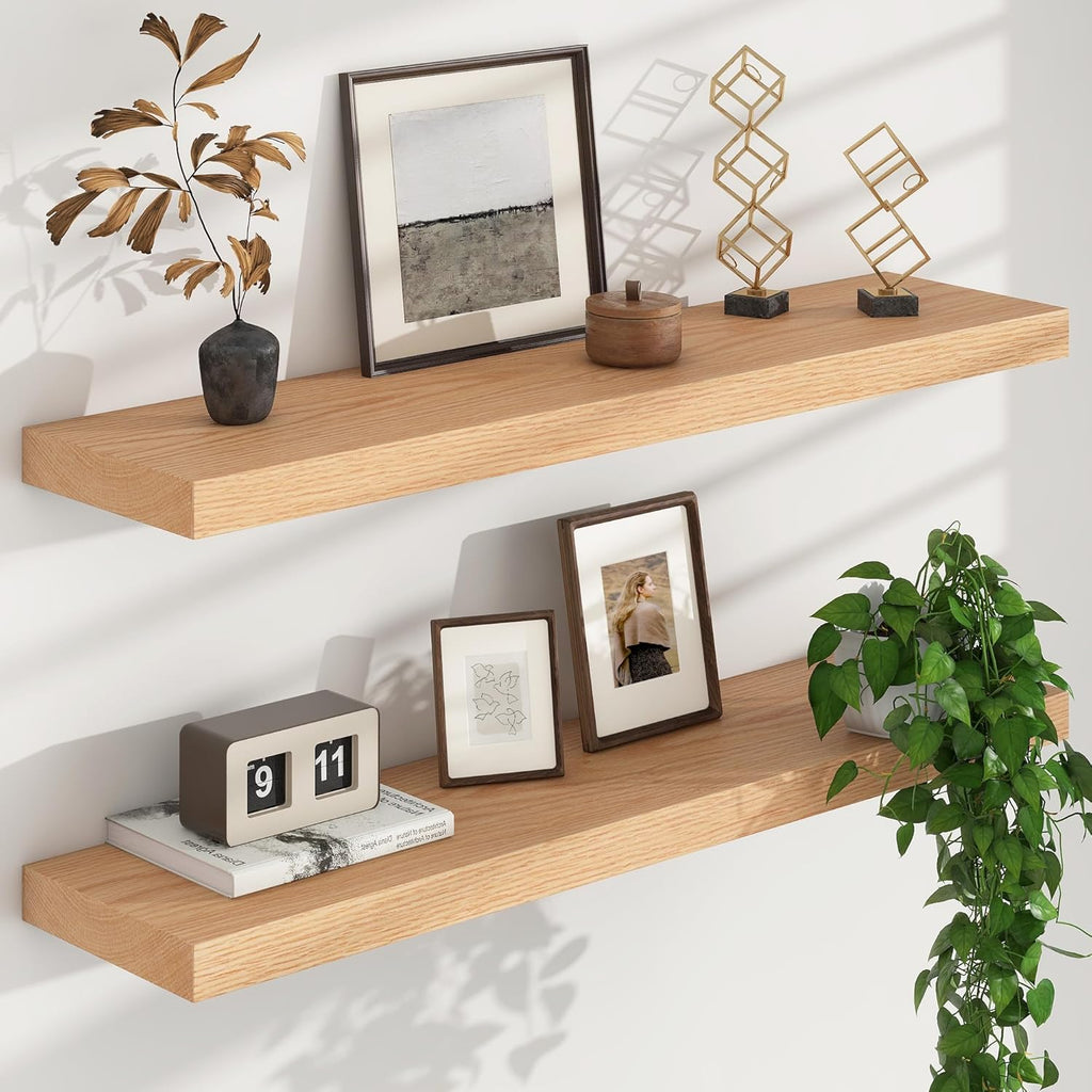 Floating Shelves for Wall, USA-Sourced Oak Wood 36 Inch Long Wall Shelves Set of 2, Natural Wooden Wall Mounted Picture Ledge Shelf, Nursery Book Storage Shelf Kids Bookshelf, Display Shelf
