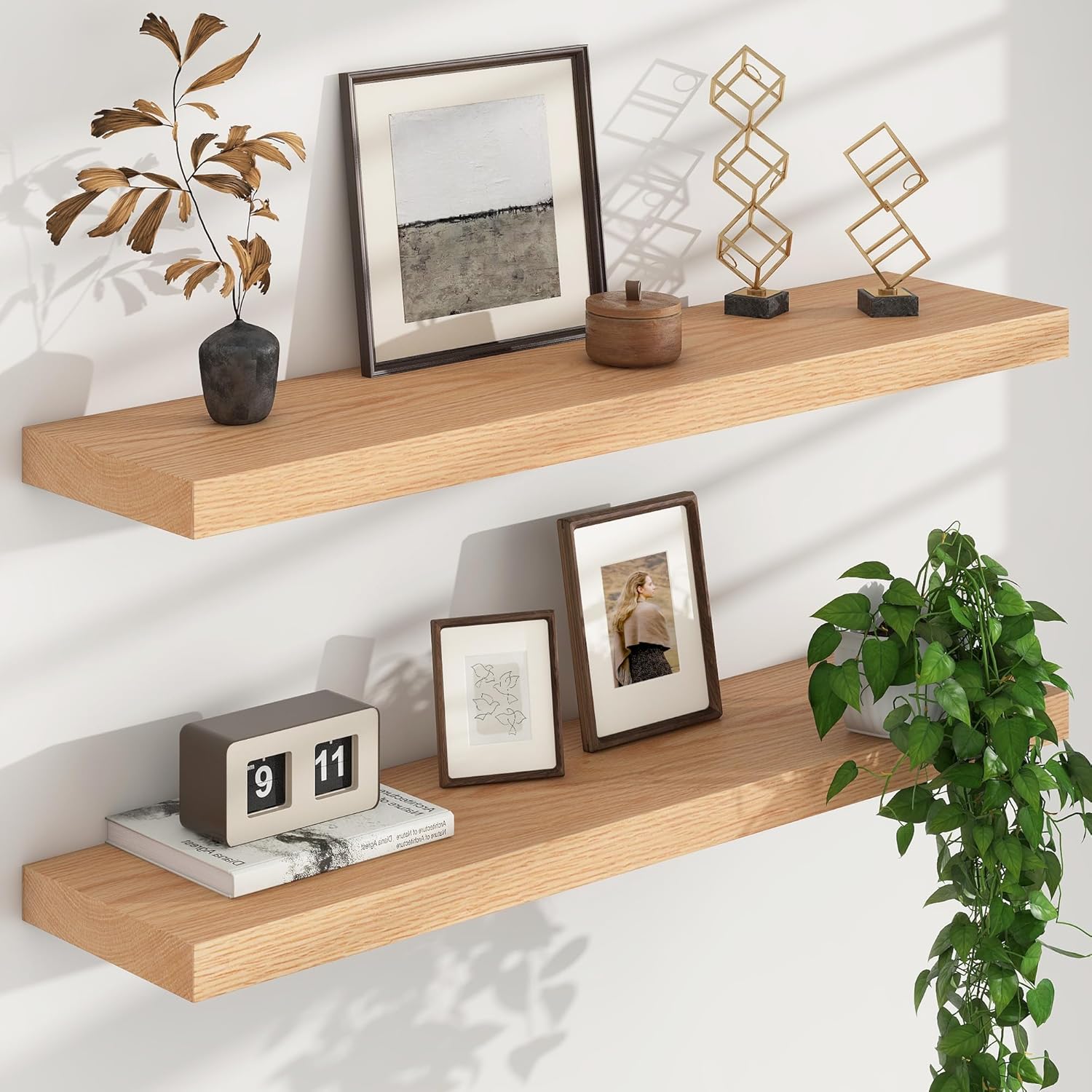 Floating Shelves for Wall, USA-Sourced Oak Wood 36 Inch Long Wall Shelves Set of 2, Natural Wooden Wall Mounted Picture Ledge Shelf, Nursery Book Storage Shelf Kids Bookshelf, Display Shelf