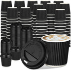 Uiifan 100 Set 4oz Disposable Espresso Cups with Lids Ripple Corrugated Paper Disposable Coffee Insulated Hot Ripple Cups for hot Chocolate, Tea, and Cocoa Drinks(Black)