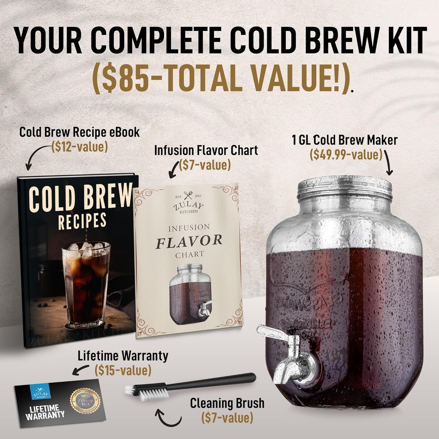 Zulay Kitchen 1 Gallon Cold Brew Coffee Maker – Thick Glass Pitcher with Stainless Steel Filter, Lid & Spout – Large Mason Jar Container Dispenser - Iced Coffee & Sun Tea Brewer for Fridge – Silver