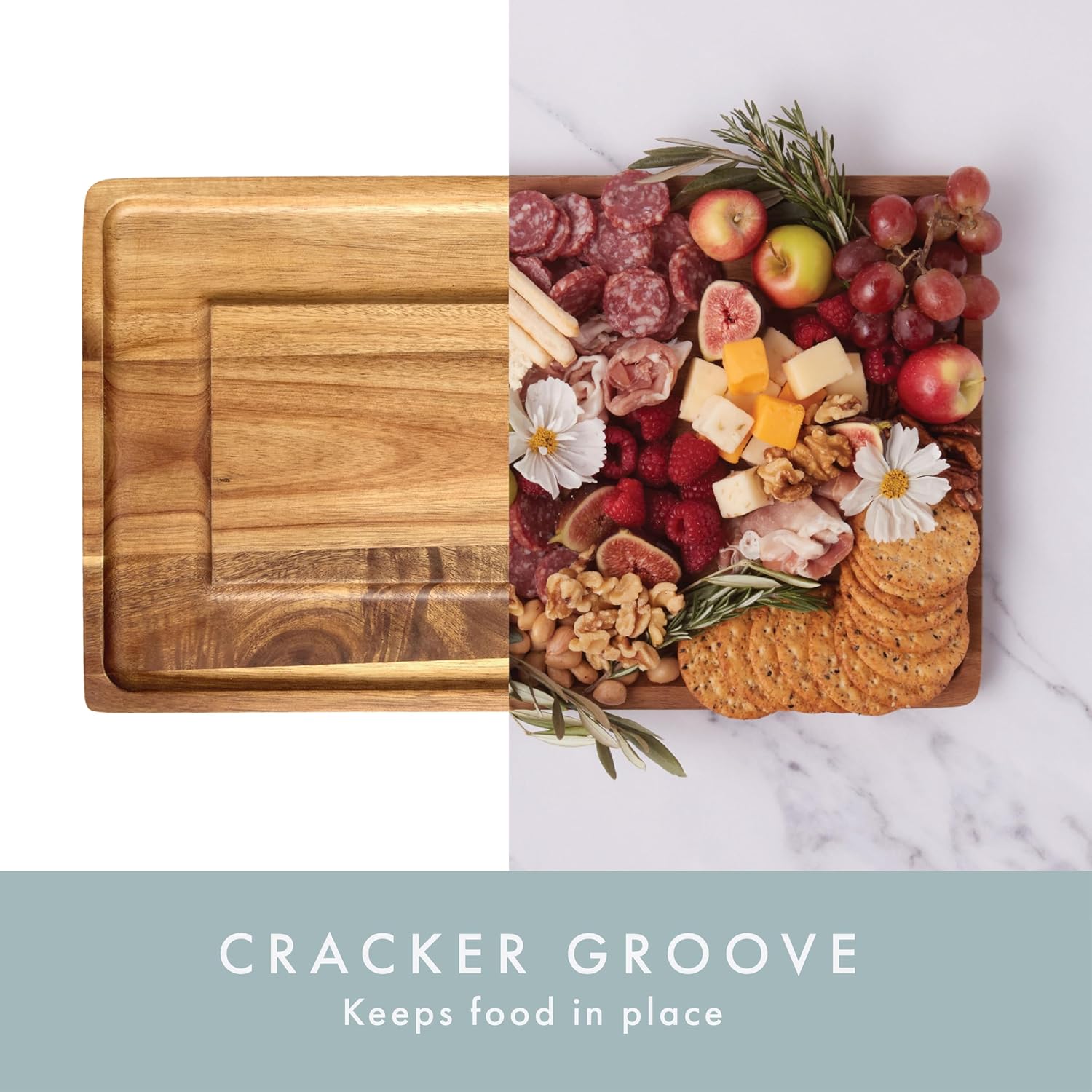 Charcuterie Board - Acacia Cheese Board with Grooves & Built-in Handles, Snack Tray for Vegetables, Fruits, Meat, Nuts - Decorative Wooden Serving Tray for Kitchen House Warming Gift