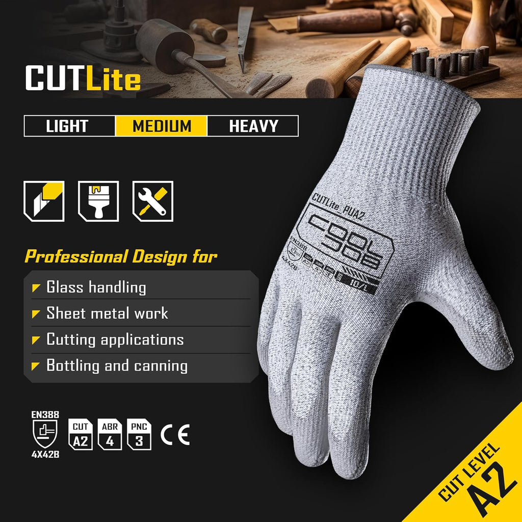 COOLJOB 12/120 Pairs Cut Resistant Safety Work Gloves with Grip, 13 Gauge Seamless Shell with PU Coating, ANSI A2 A4, Gray
