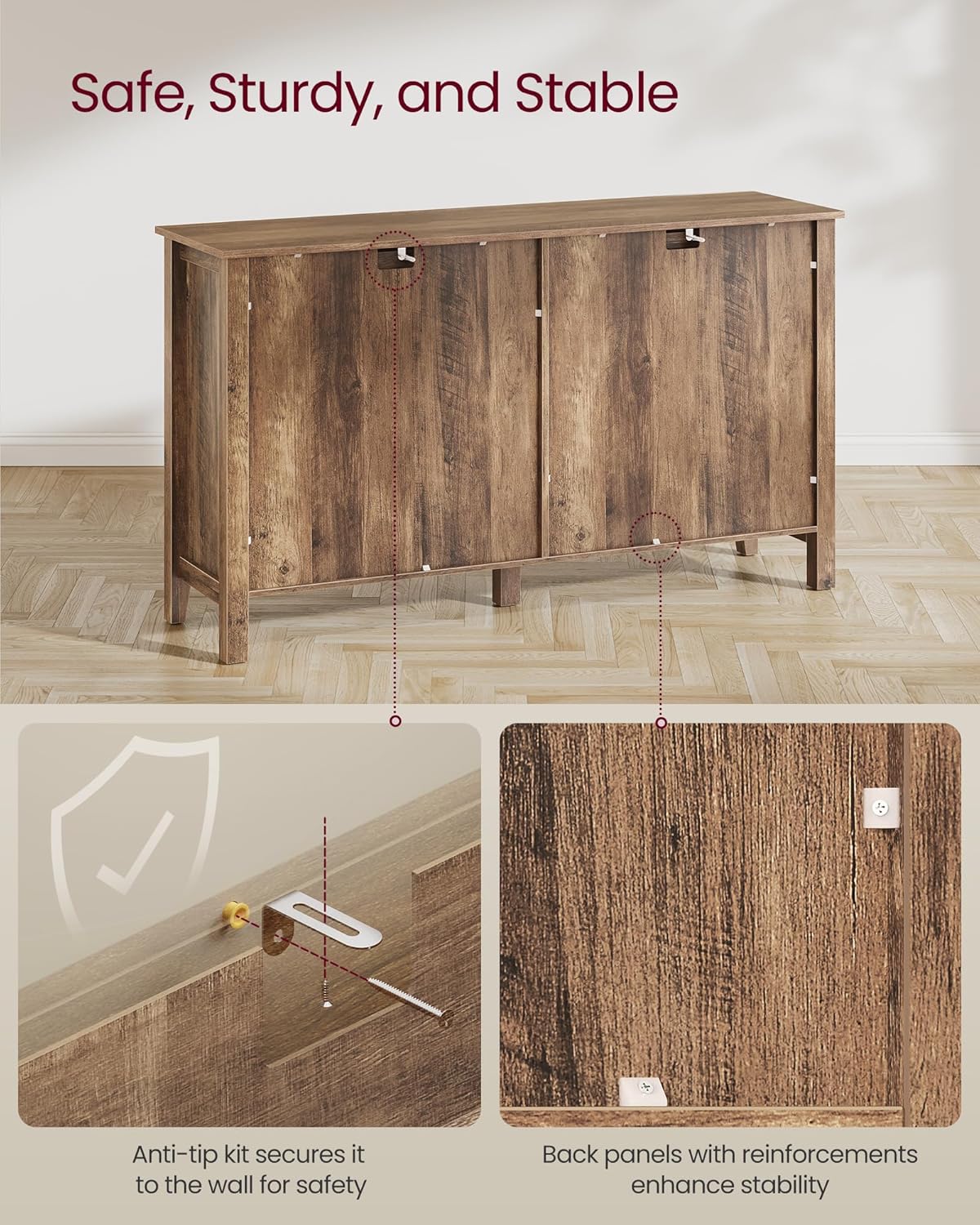 VASAGLE LIRY Collection - Buffet Cabinet, Coffee Bar Cabinet with 2 Drawers, Adjustable Shelves, Sideboard Storage with Cable Holes, Drawer Dividers, Honey Brown UBBK381K01