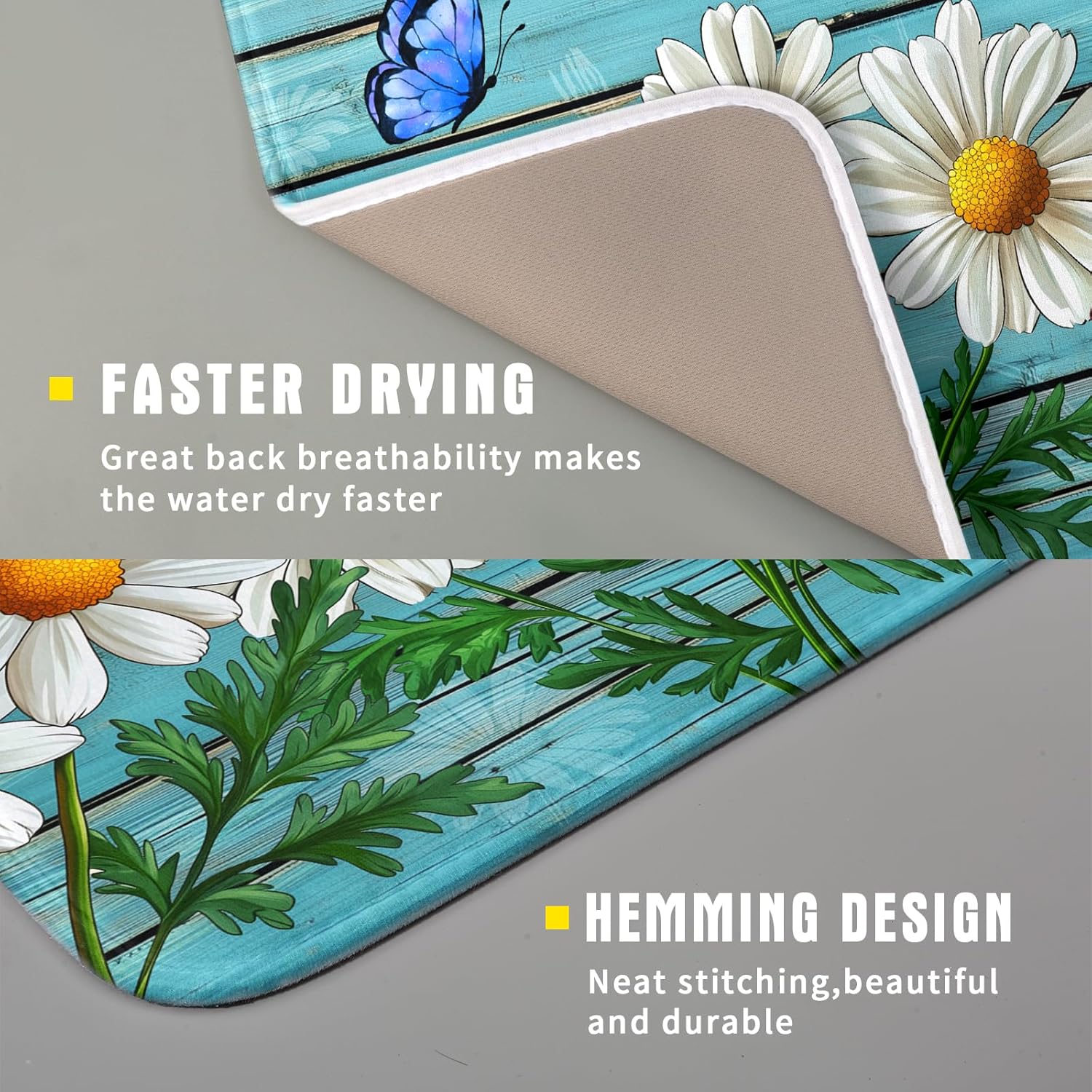 Spring Daisy Floral Dish Drying Mat for Kitchen Counter 16x18in Turquoise Daisy Old Wooden Board Kitchen Mat Absorbent Reversible Microfiber Dishes Pad Fast Drying Dish Drainer Mats for Countertop