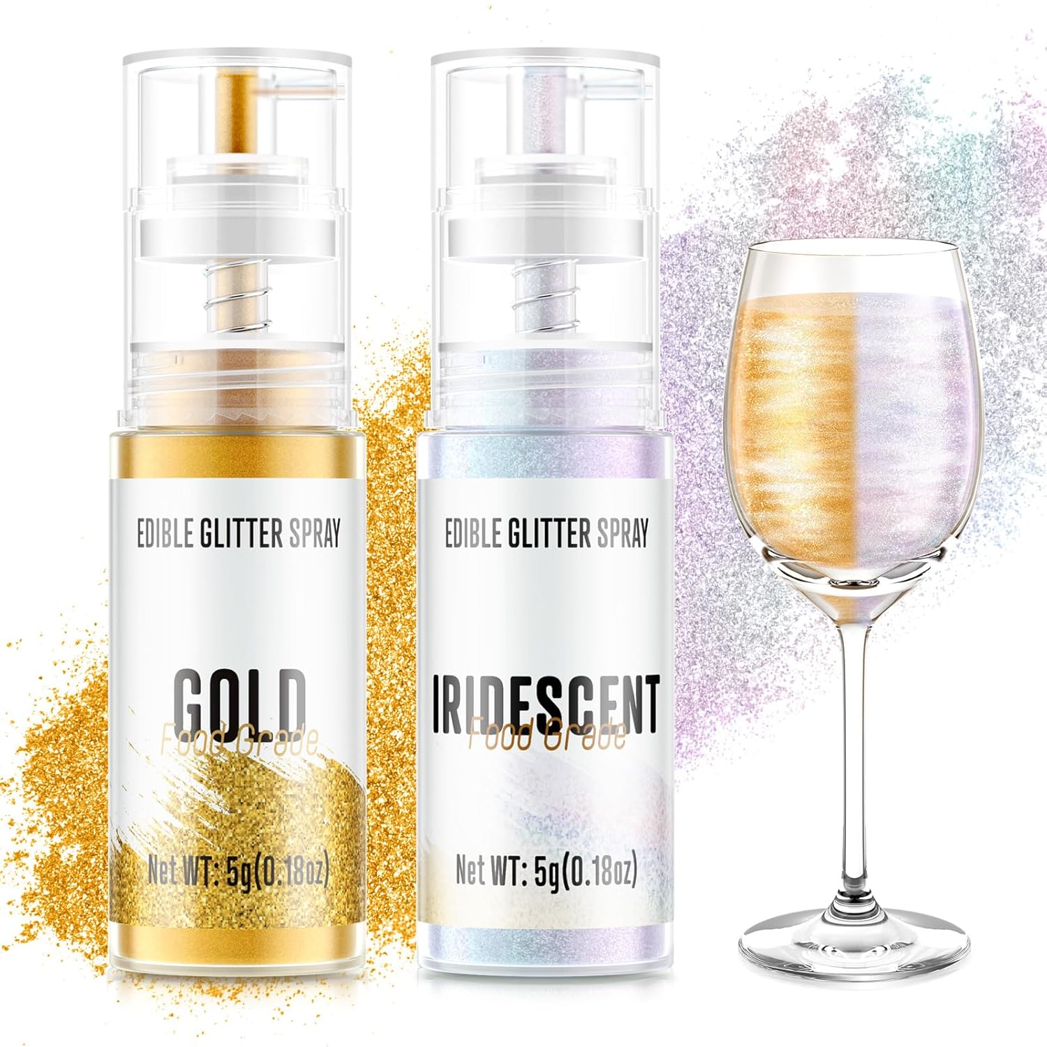 Edible Glitter Spray,2 Colors Gold & Iridescent Food Grade Edible Glitter Set for Drink Cake Beverages,Cupcakes,Cake Pops and Cookies Decorating