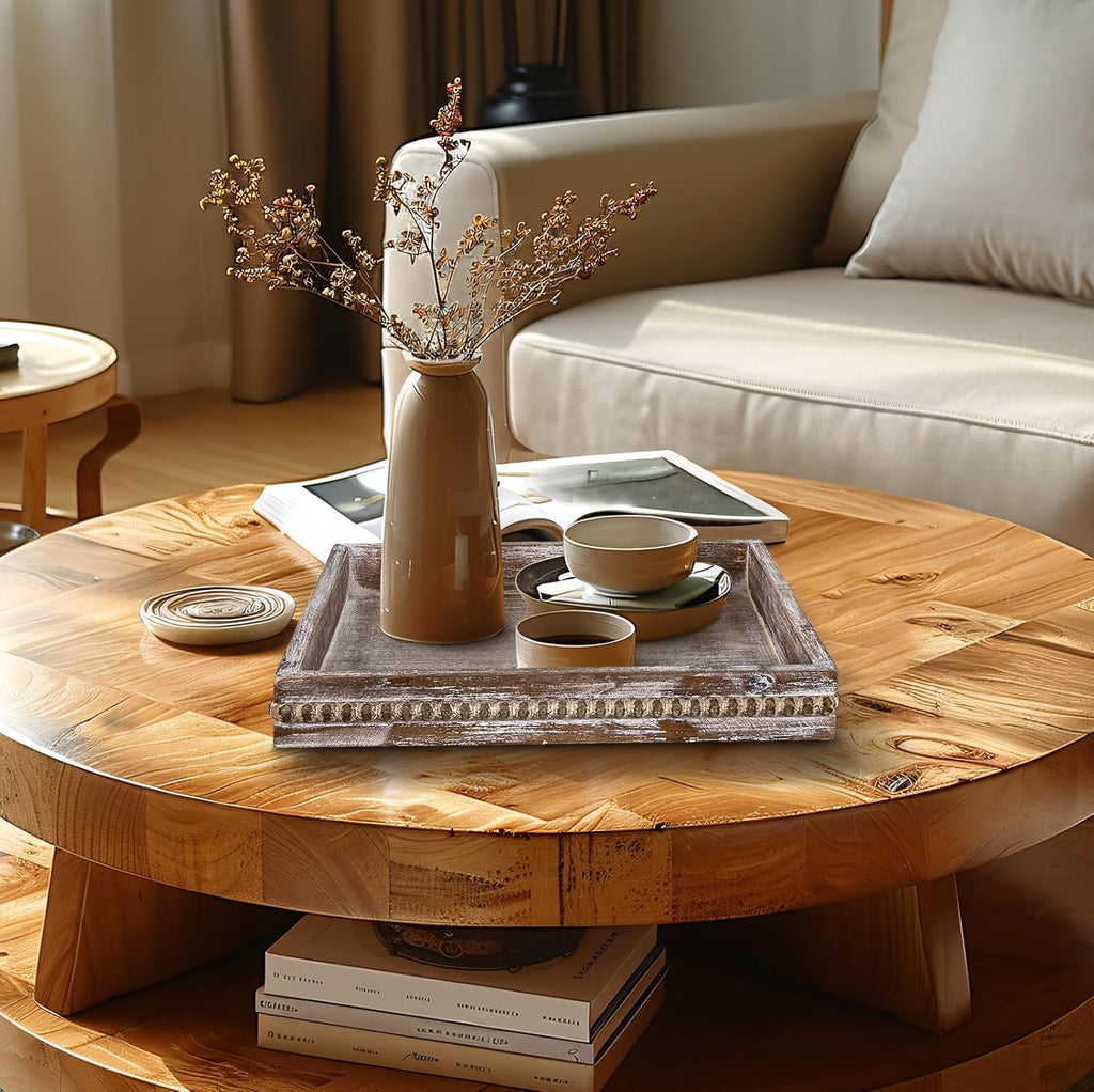 MAONAME Wood Serving Tray, Farmhouse Wooden Tray for Coffee Table, Rustic Square Trays with Beads, Vintage Brown Decorative Trays for Living Room, Kitchen, 12" X 12" X 1.6"